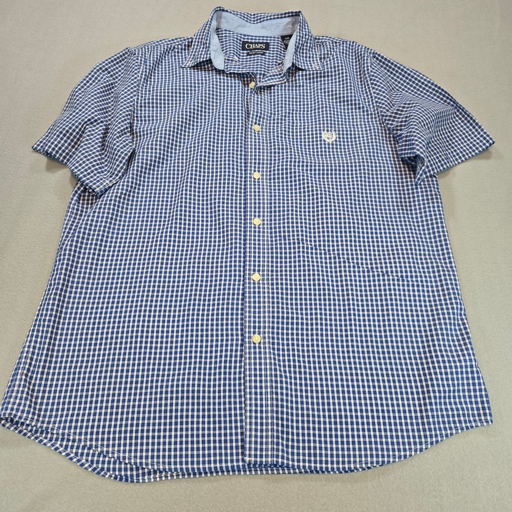 Chaps Button Down Shirt Mens Large Blue Gingham Short Sleeve Easy Care Logo